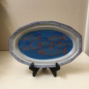 Vintage  Patamban Michoacán Redware Oval Platter Fish Scene Blue Rare Folk Art
